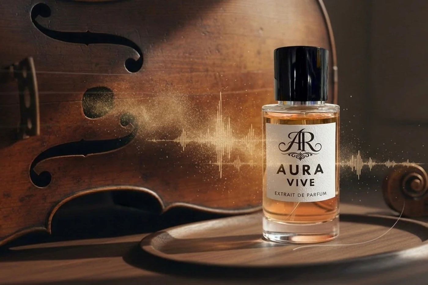 ARS RESONANDI Aura Vive Parfumflakon vor einer Violine mit goldener Klangwelle in warmer, eleganter Lichtstimmung.