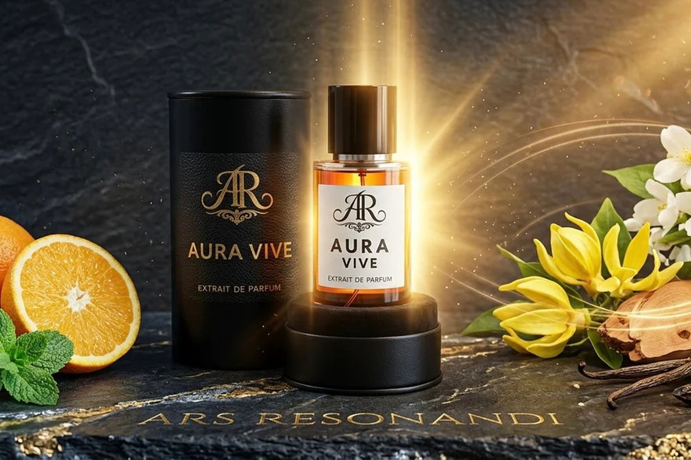 ARS RESONANDI Aura Vive Parfumflakon mit Zitrusfrüchten, Minze, Blüten, Vanille und warmem goldenen Licht.