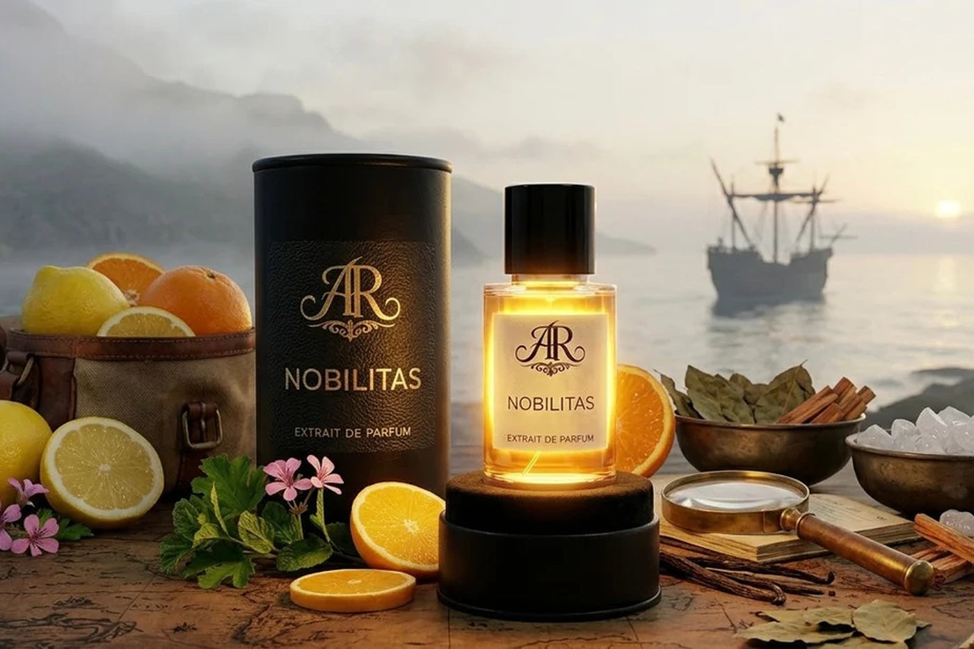 ARS RESONANDI Nobilitas Parfumflakon mit Zitrusfrüchten, Gewürzen, Kristallen, Lupe und historischem Schiff im Hintergrund.