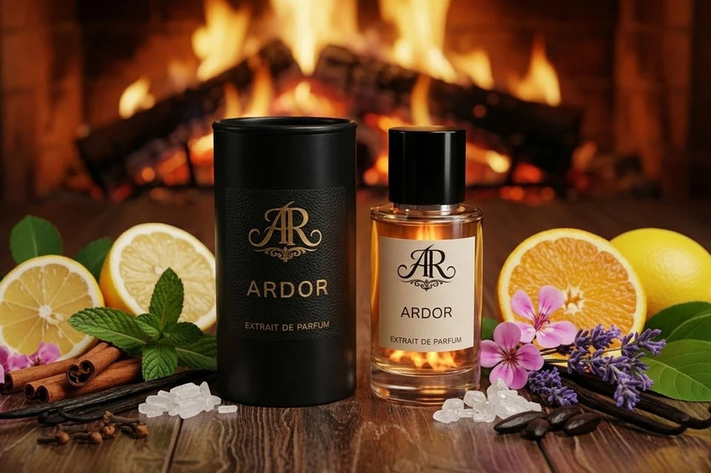 ARS RESONANDI Ardor Parfumflakon vor warmem Kaminfeuer mit Zitrusfrüchten, Minze, Zimt, Lavendel, Vanille und Blüten. 