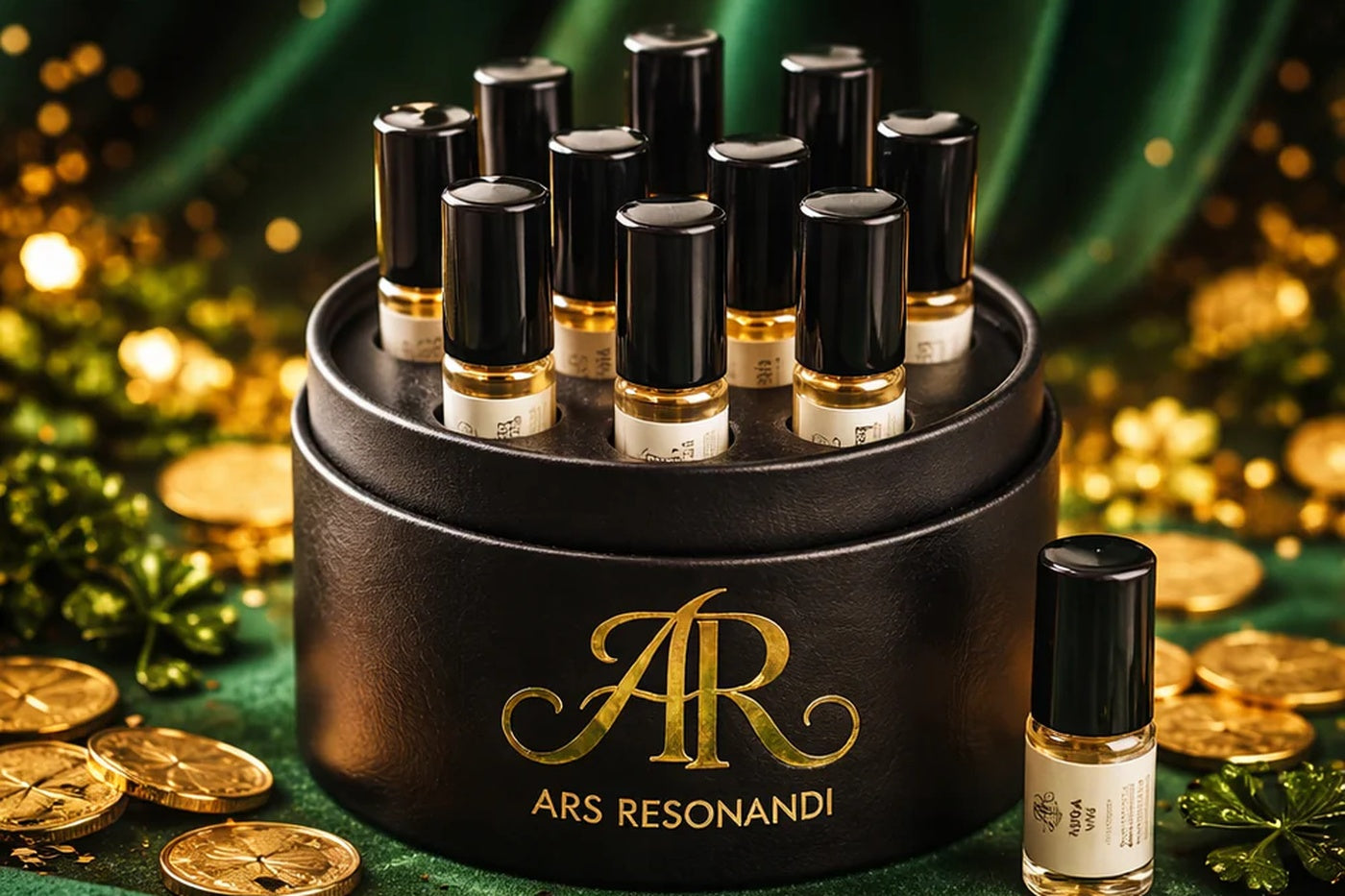 ARS RESONANDI Duft Discovery Set mit Mini-Parfumflakons in schwarzer Box, goldenen Münzen und grünem Samt. 
