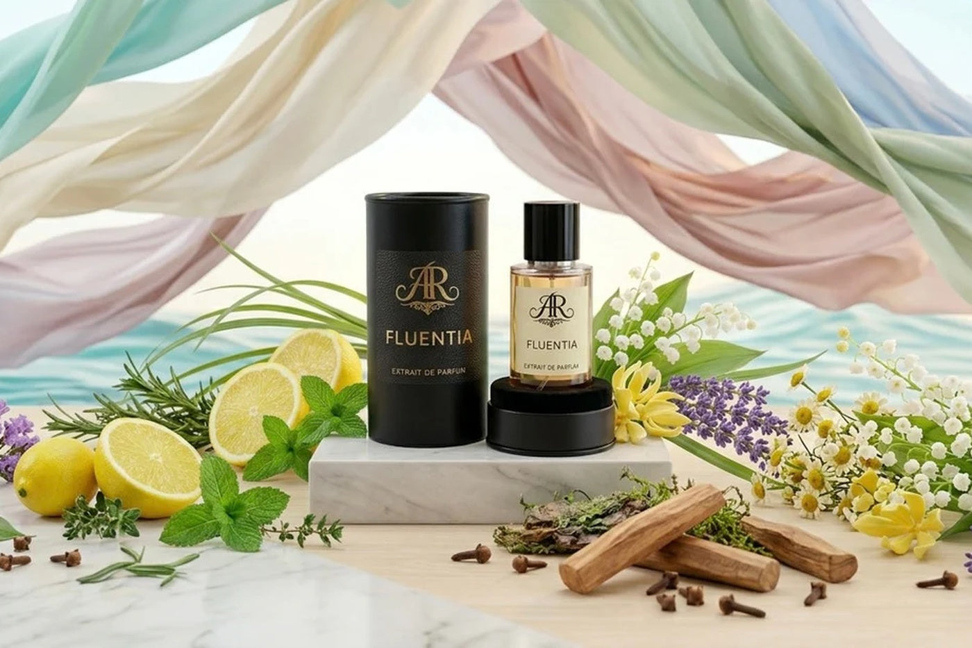 ARS RESONANDI Fluentia Parfumflakon mit Zitrusfrüchten, Lavendel, Maiglöckchen, Kamille, Kräutern und hellen Stoffbahnen. 