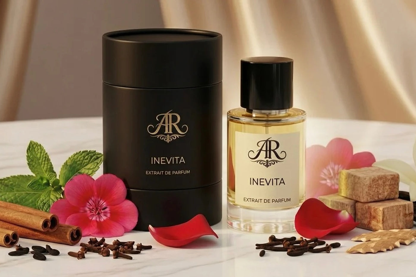 ARS RESONANDI Inevita Parfumflakon mit Zimt, Minze, Nelken, Vanille, Blüten und Rosenblättern auf hellem Marmor. 