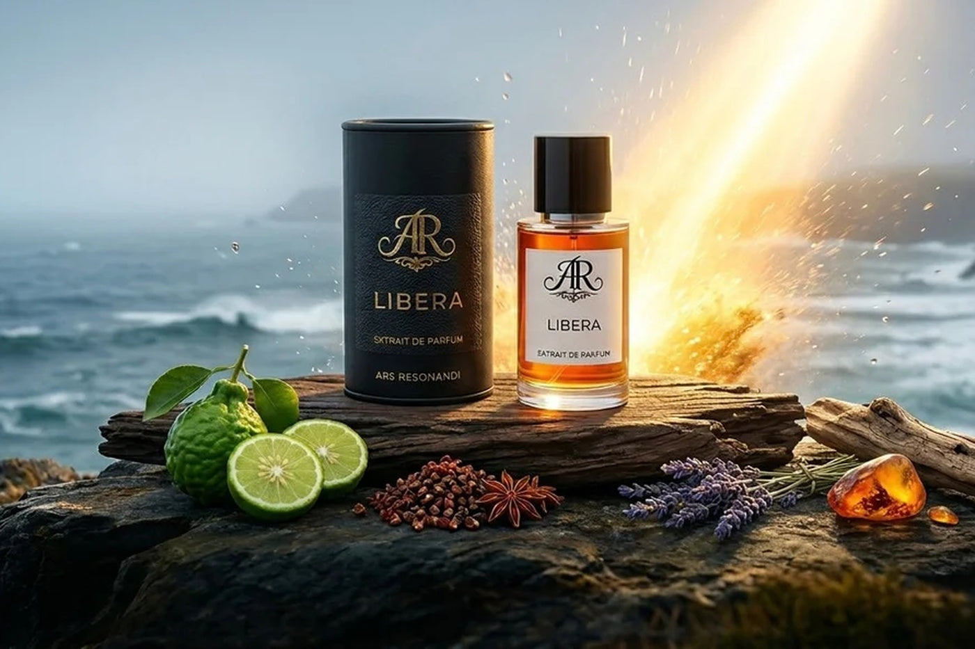 ARS RESONANDI Libera Parfumflakon an einer rauen Meeresküste mit Zitrusfrüchten, Gewürzen, Lavendel und warmem Licht. 
