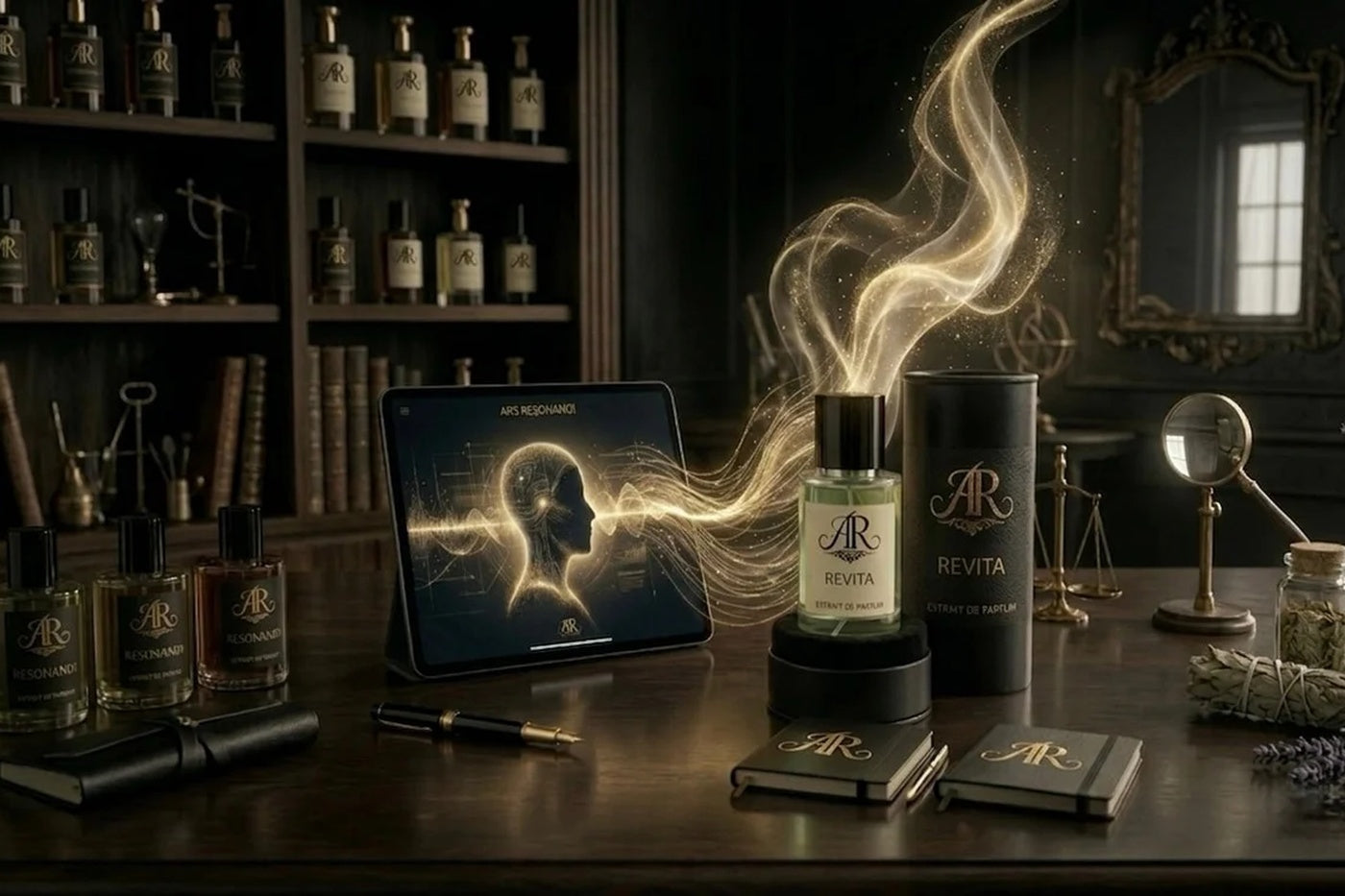 ARS RESONANDI Revita Parfumflakon in dunklem Atelier mit goldener Duftspur, Tablet, Duftflakons und edlen Accessoires. 
