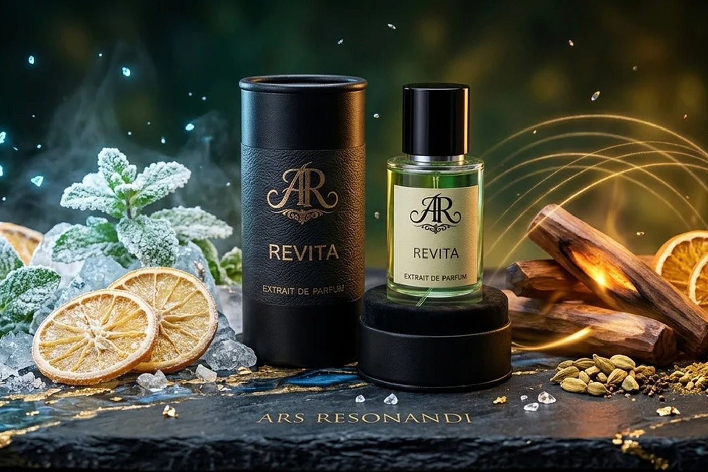 ARS RESONANDI Revita Parfumflakon mit Zitrusfrüchten, Minze, Holz, Gewürzen und goldenen Lichtlinien. 