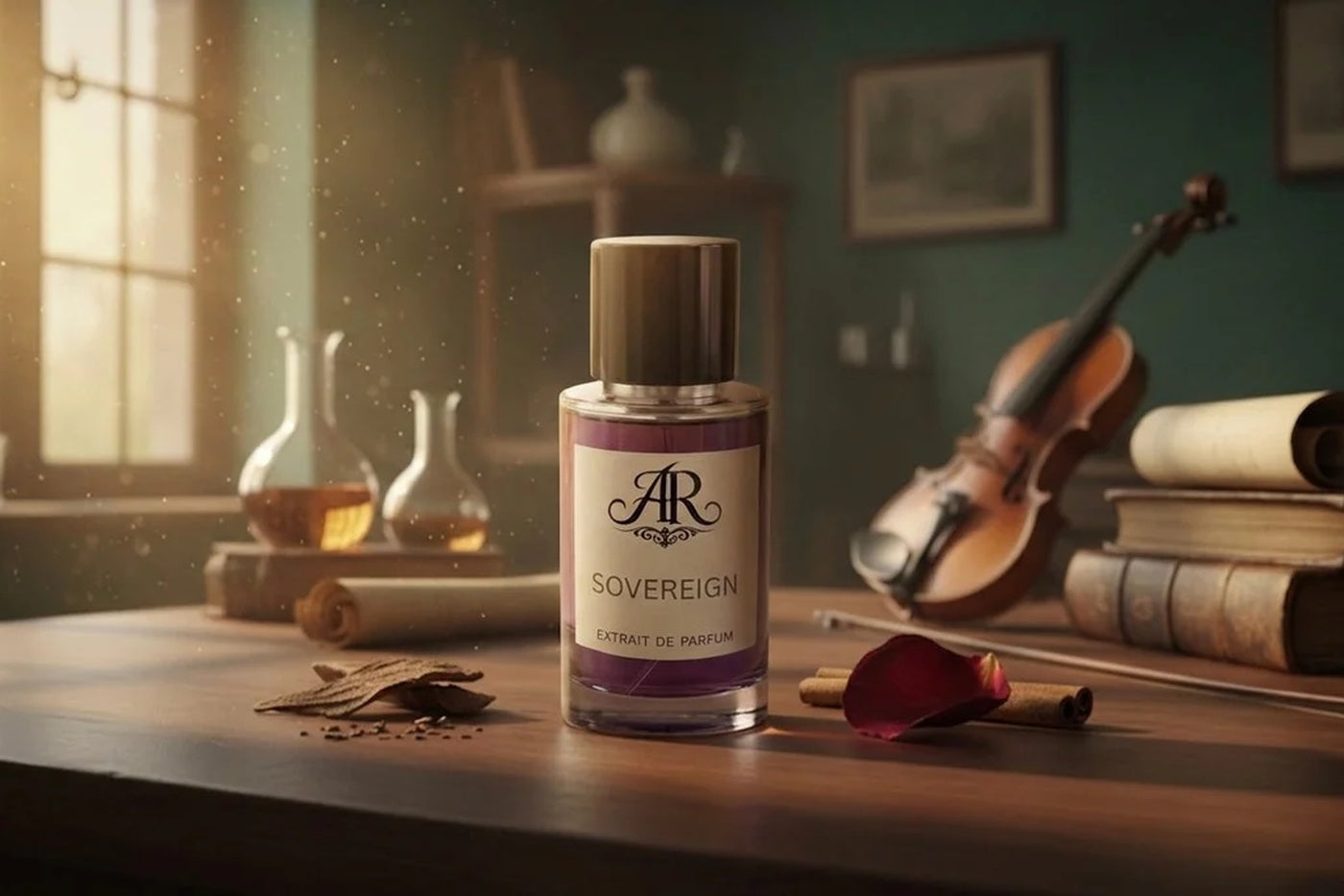 ARS RESONANDI Sovereign Parfumflakon auf einem edlen Schreibtisch mit Violine, Büchern, Rose und warmem Sonnenlicht. 