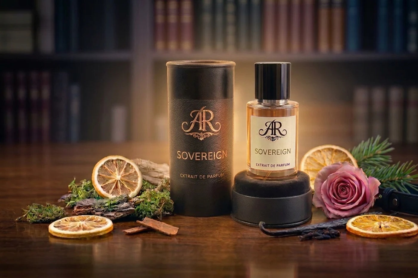 ARS RESONANDI Sovereign Parfumflakon mit Rose, Zitrusfrüchten, Holznoten und Gewürzen vor dunkler Bibliothek. 